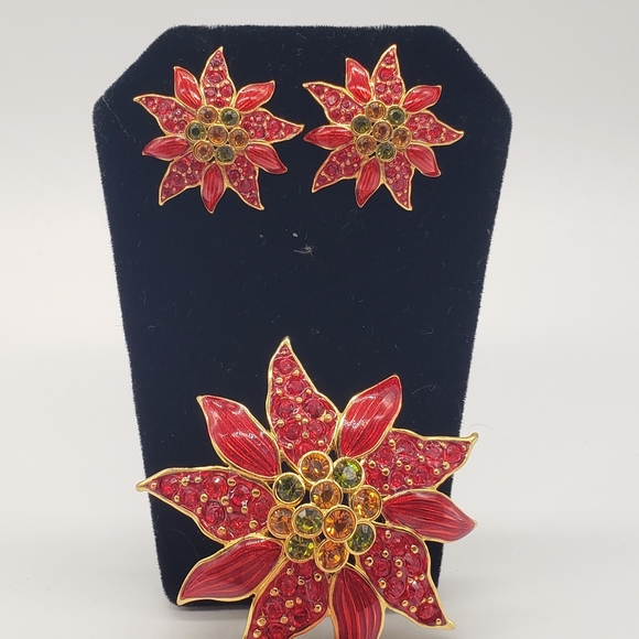 Christopher Radko Poinsettia Earrings/Brooch set - Picture 8 of 16
